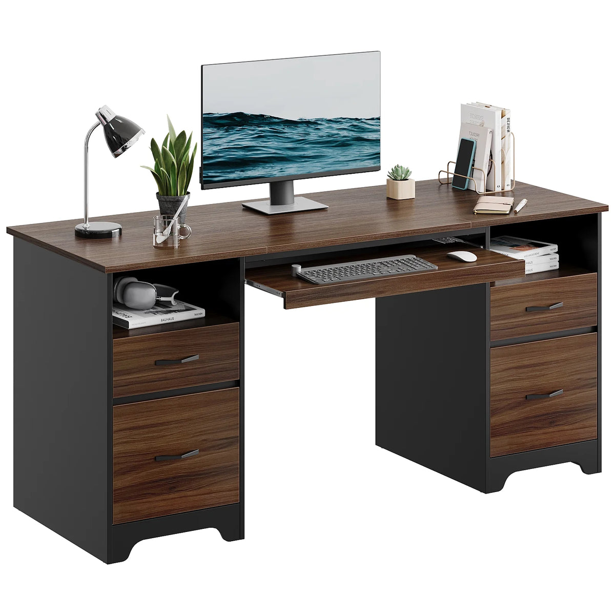 Bestier 59 Computer Desk with 4 Drawers, Office Executive Desk with File Drawer, Keyboard Tray for Home Office, Gray