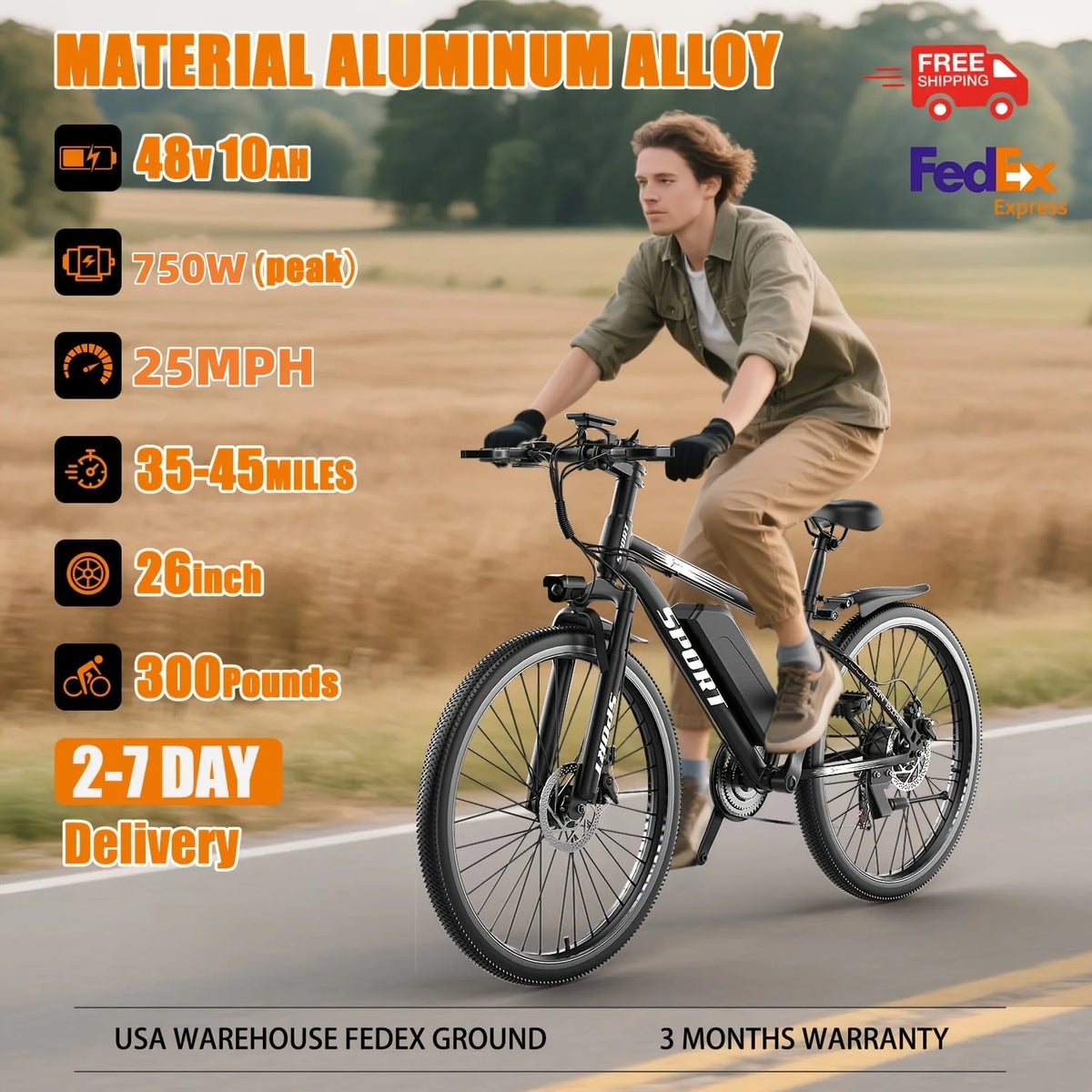 26" Electric Bike for Adults with Peak 750W Brushless Motor, 35Miles 22MPH Commuting Electric Mountain Bike with 36V 10AH Removable Battery, 7-Speed, Front Fork Suspension