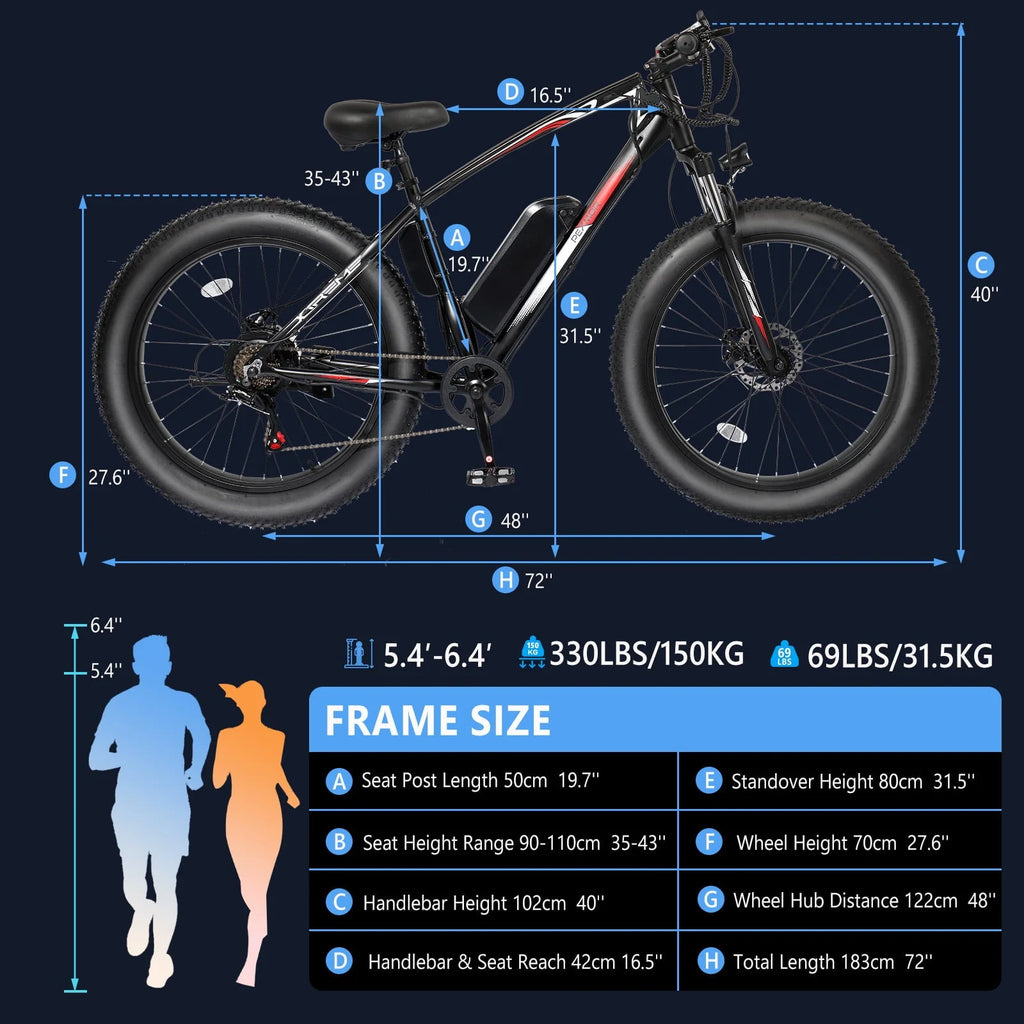PEXMOR Electric Bike for Adult, Electric Mountain Bike 500W 48V 13AH Removable Battery, 26" Fat Tire EBike Electric Bicycle 20MPH Snow Beach E Bike w/Shimano 7 Speed Lockable Suspension Fork