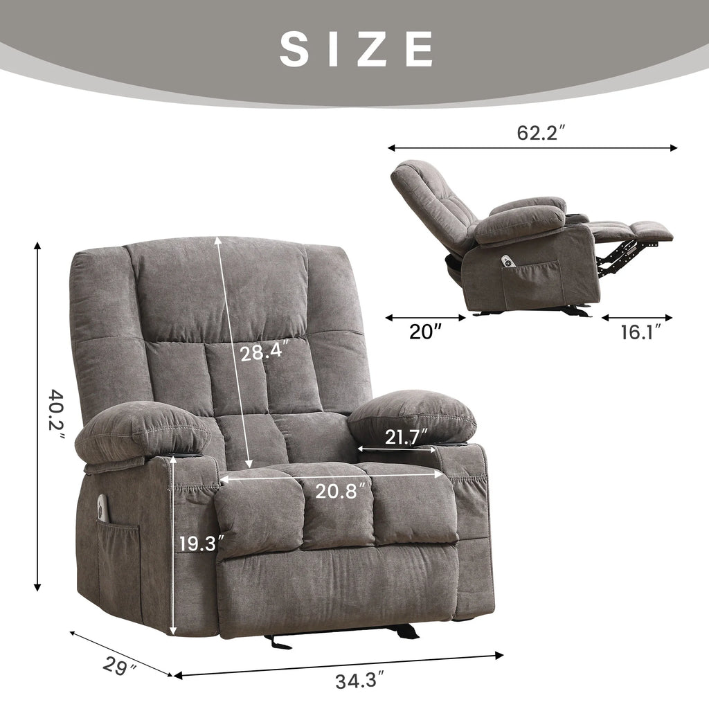 JONPONY Manual Recliner Chair with Heat Therapy and Massage Function, Heavy Duty Reclining Mechanism Massage Chair, Elderly Single Rocker Sofa with Cup Holders for Bedroom Home Theater,Blue