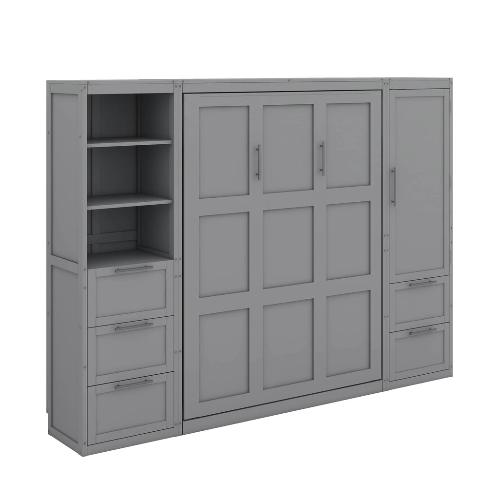 YunNianYang Queen Size Gray Murphy Bed Wall Bed with Closet ,Drawers and Shelves