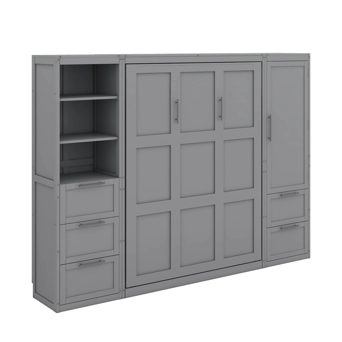 YunNianYang Queen Size Gray Murphy Bed Wall Bed with Closet ,Drawers and Shelves