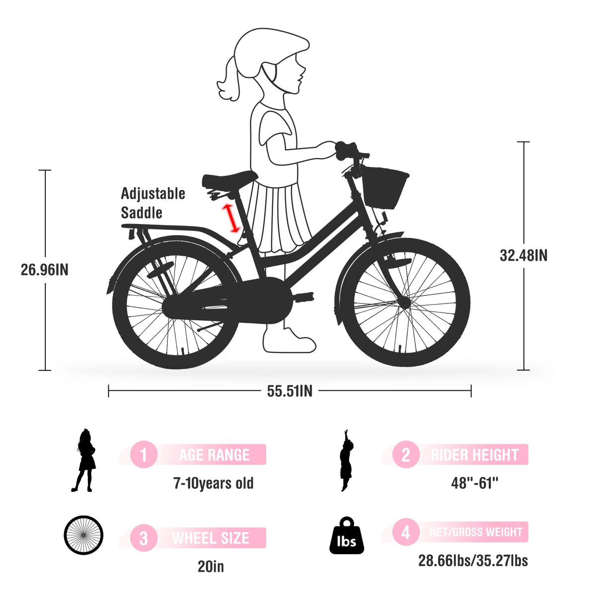 20" Kids Bike Girls Bike with Basket Single Speed Steel Frame Children Bicycle for 7-10 Years, Pink