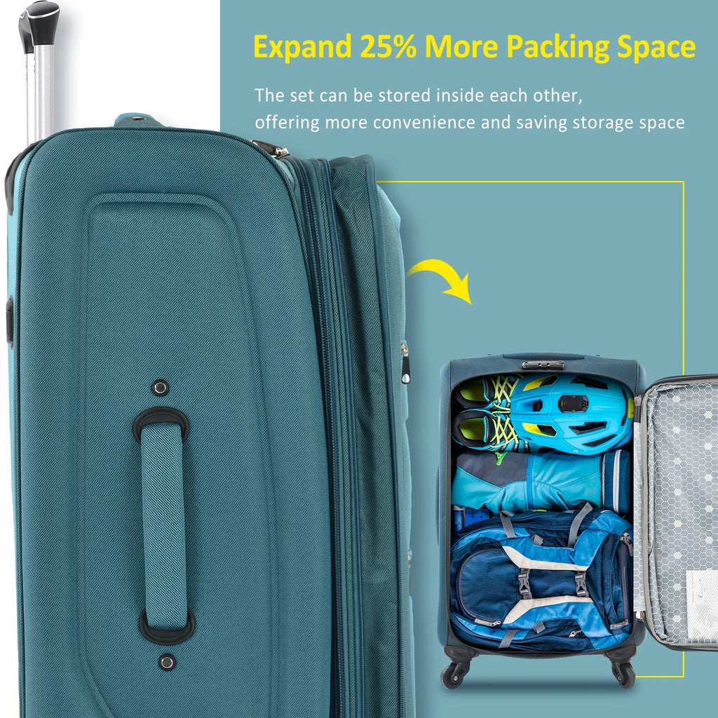 EUROCO 3 Piece Softside Luggage Set,Expandable Suitcase Set with TSA Lock and Spinner Wheels,Lightweight Suitcase for Men Women(20",24",28"),Black