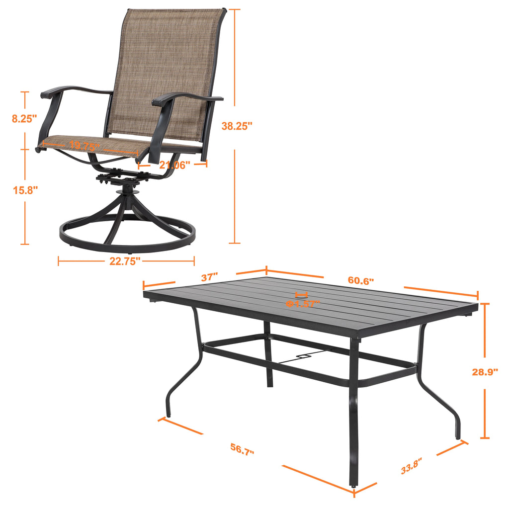 Nuu Garden 5 Piece Outdoor Patio Dining Set, Metal Patio Furniture Set 4 Textilene Swivel Chairs and 37" Square Iron Umbrella Dining Table,Black and Brown