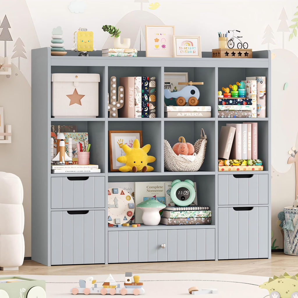 Homfa Kids Toy Storage Organizer with Cubby, Kids Toy Storage Chest with Removable Drawers, Kids Bookcase for Playroom Bedroom Living Room, Gray