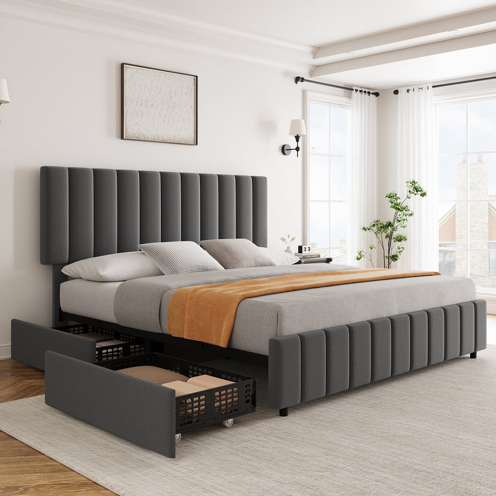 Full Size Bed Frame with 4 Storage Drawers and Adjustable Headboard, Linen Upholstered Platform Bed Frame with Wooden Slats Support, No Box Spring Needed, Dark Grey