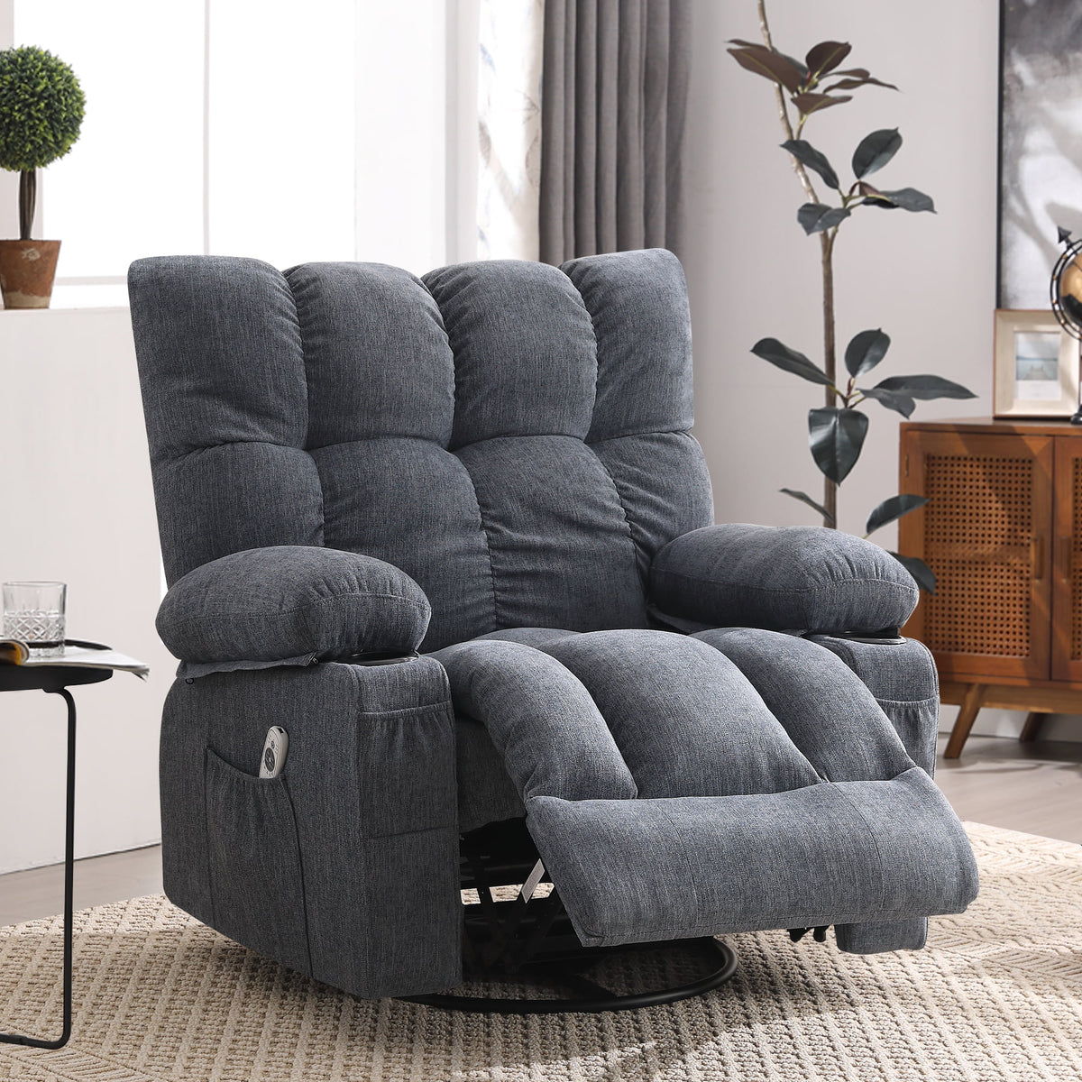 JONPONY Manual Recliner Chair with Heat Therapy and Massage Function, Heavy Duty Reclining Mechanism Massage Chair, Elderly Single Rocker Sofa with Cup Holders for Bedroom Home Theater,Grey