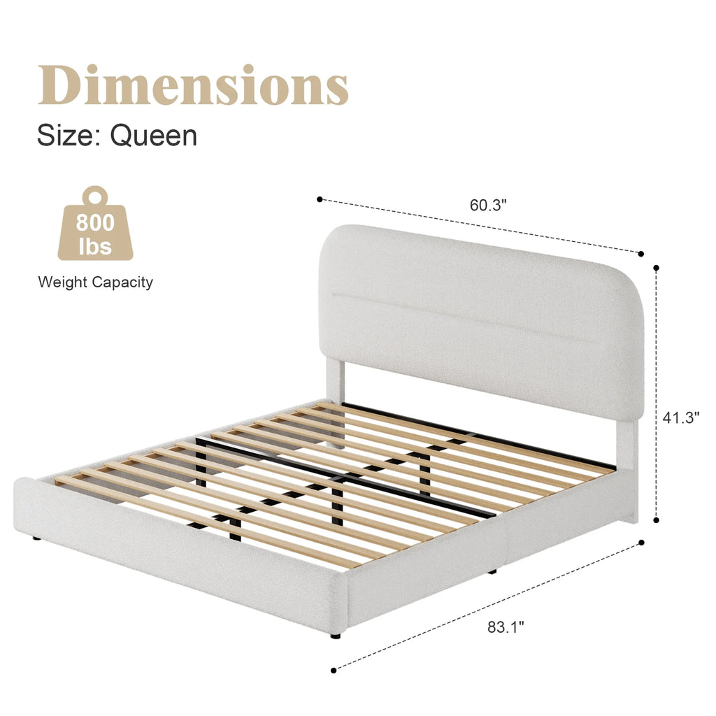 4 EVER WINNER Queen Bed Frame with Headboard, Boucle Upholstered Platform Bed Frame wiith Rounded Corner, Soft Cloud Bed Frame, No Box Spring Needed, White