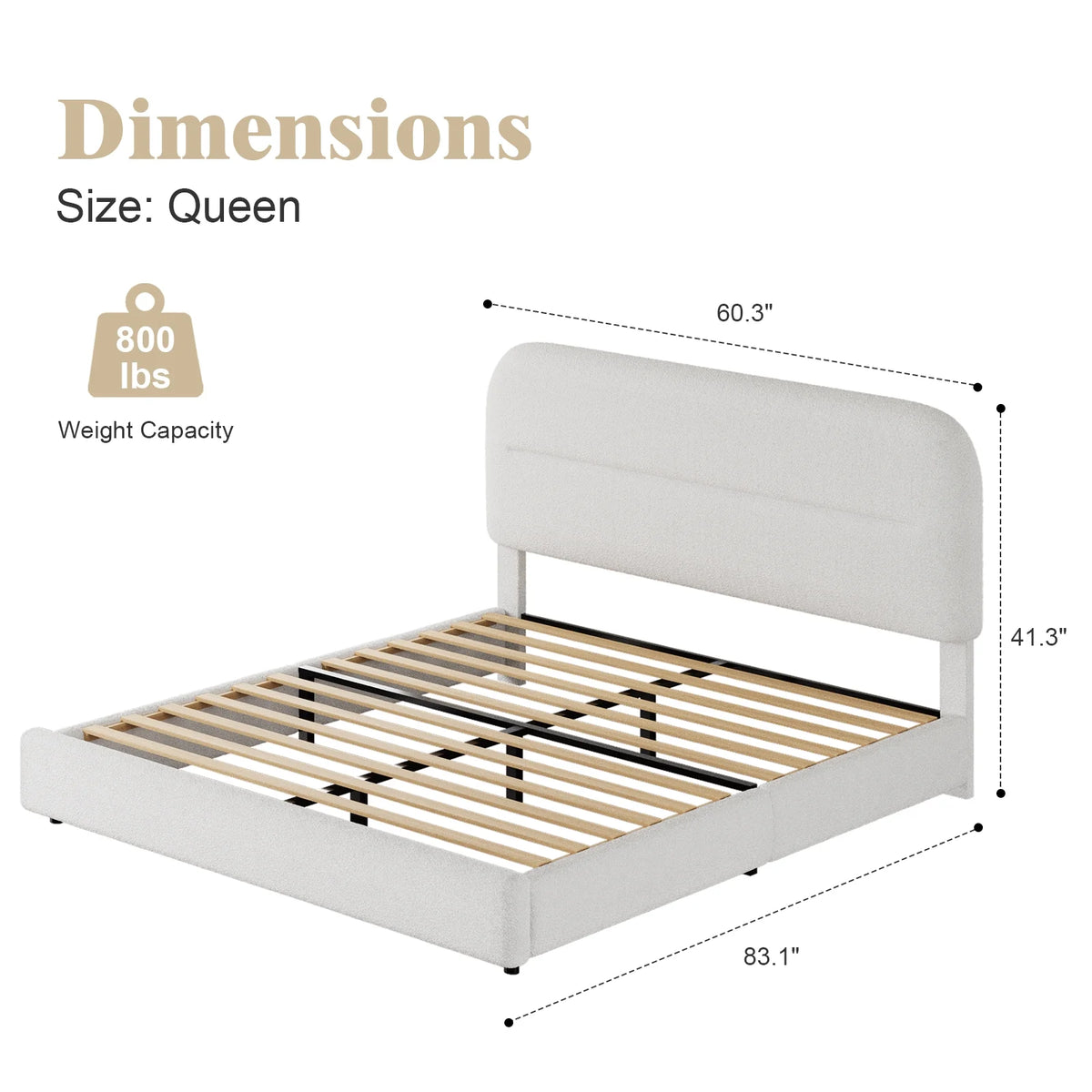4 EVER WINNER Queen Bed Frame with Headboard, Boucle Upholstered Platform Bed Frame wiith Rounded Corner, Soft Cloud Bed Frame, No Box Spring Needed, White