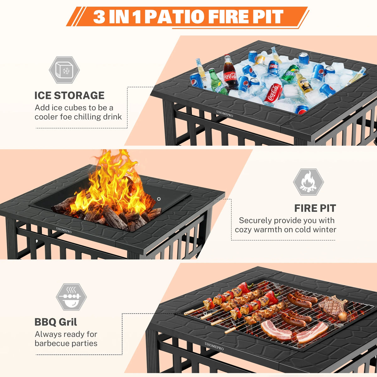 Fire Pits for Outside, 32" Wood Burning Fire Pit Tables with Firewood Rack, Screen Lid, Poker, BBQ Net, Food Clip and Cover, Backyard Patio Garden Outdoor Fire Pit BBQ Fire Pit, Black
