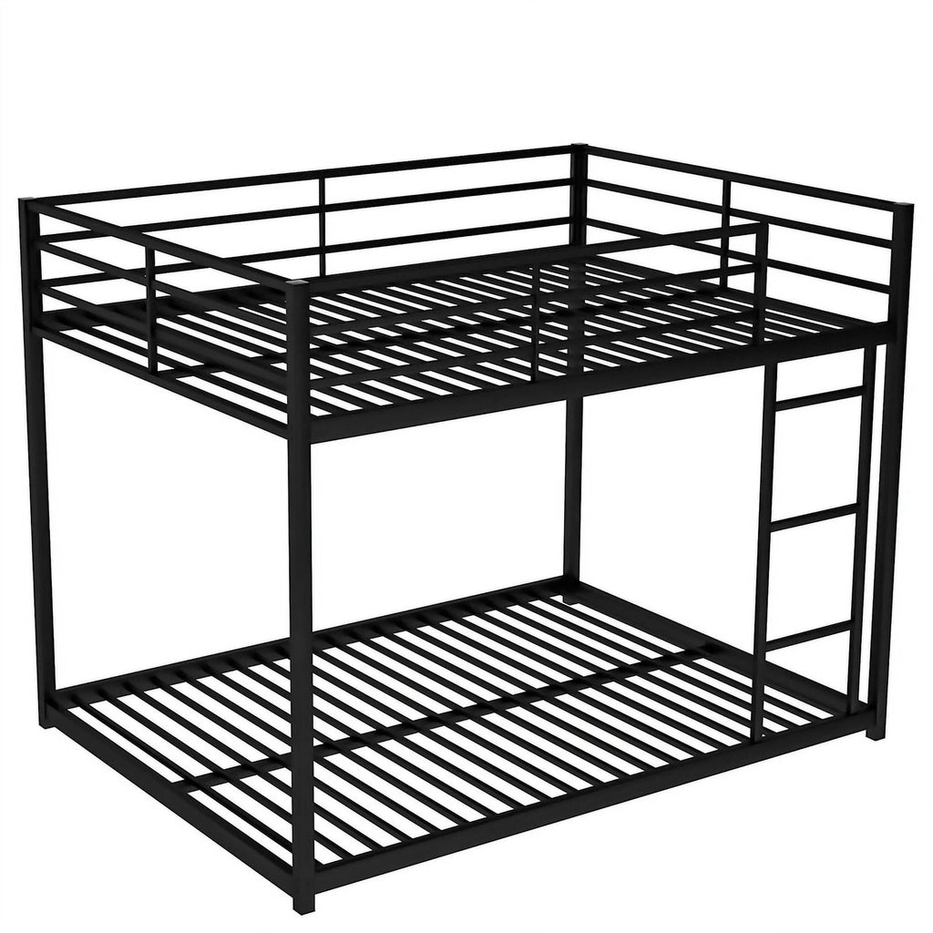Full Over Full Metal Low Bunk Bed for Kids Teens Adults, Modern Black Bunk Bed with Heavy Duty Metal Frame, Ladder and Safety Full-Length Guard Rails, Space-Saving