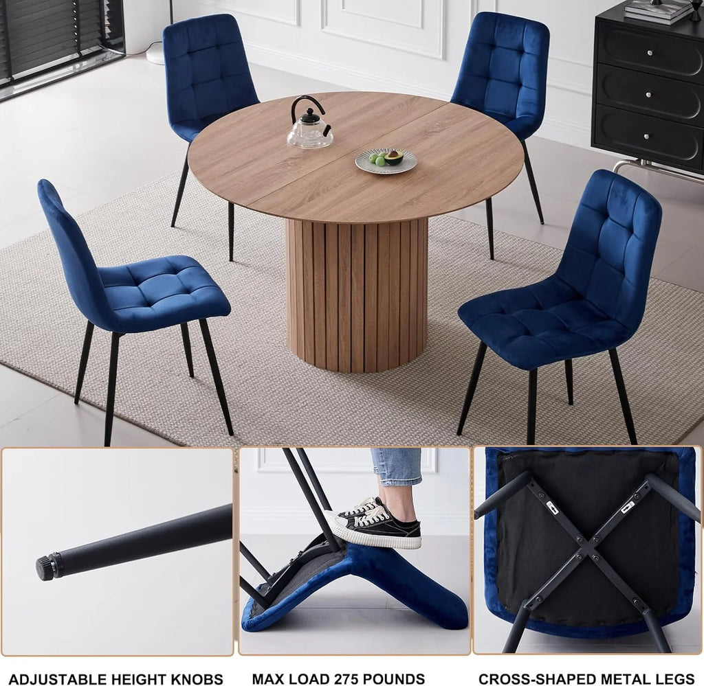5 Piece Round Dining Table Set - Mid-Century 47 inch Oak Dining Table with 4 Brown Faux Leather Chairs Set, Dinner Table & Chair with Metal Legs for Kitchen Dining Room, Apartment, Bedroom