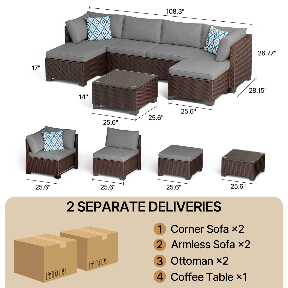 7 Piece Outdoor Patio Furniture Set, Asofer Rattan Wicker Outdoor Conversation Sectional Sofa Set, Gray