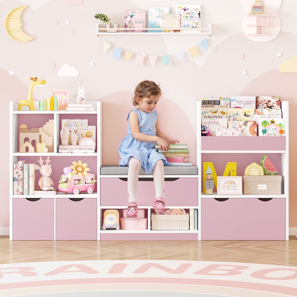 Hiphuta 72"Wide Kids Bookcase with Reading Nook and Under Bench Storage, Wooden Toy Storage Organizer & Book Rack for Kids Room, White