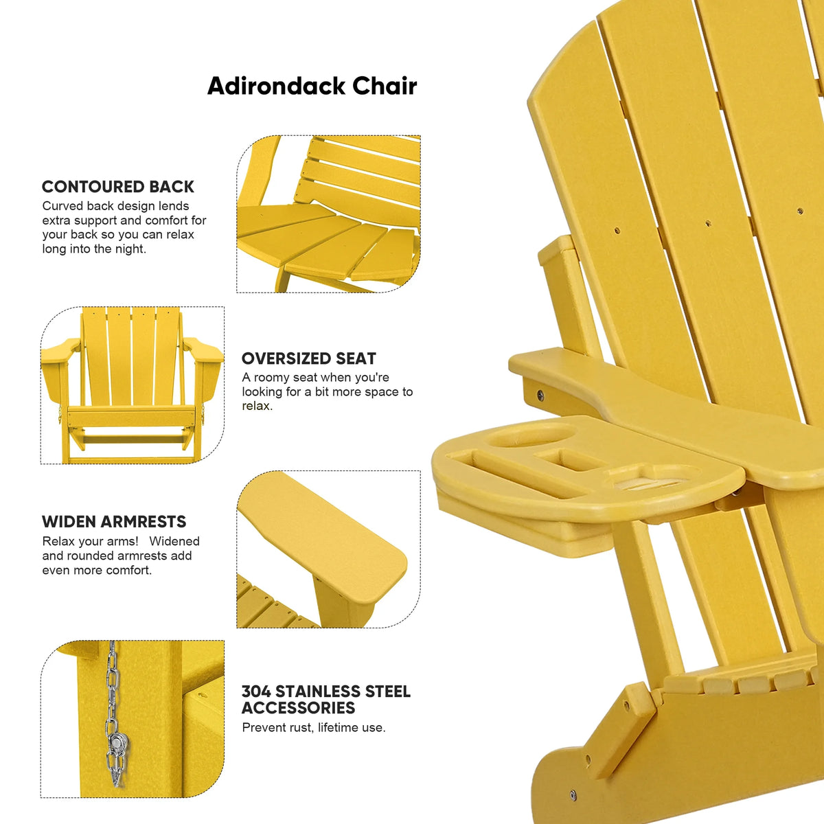 FOOWIN HDPE Plastic Adirondack Chairs Set of 4, Black