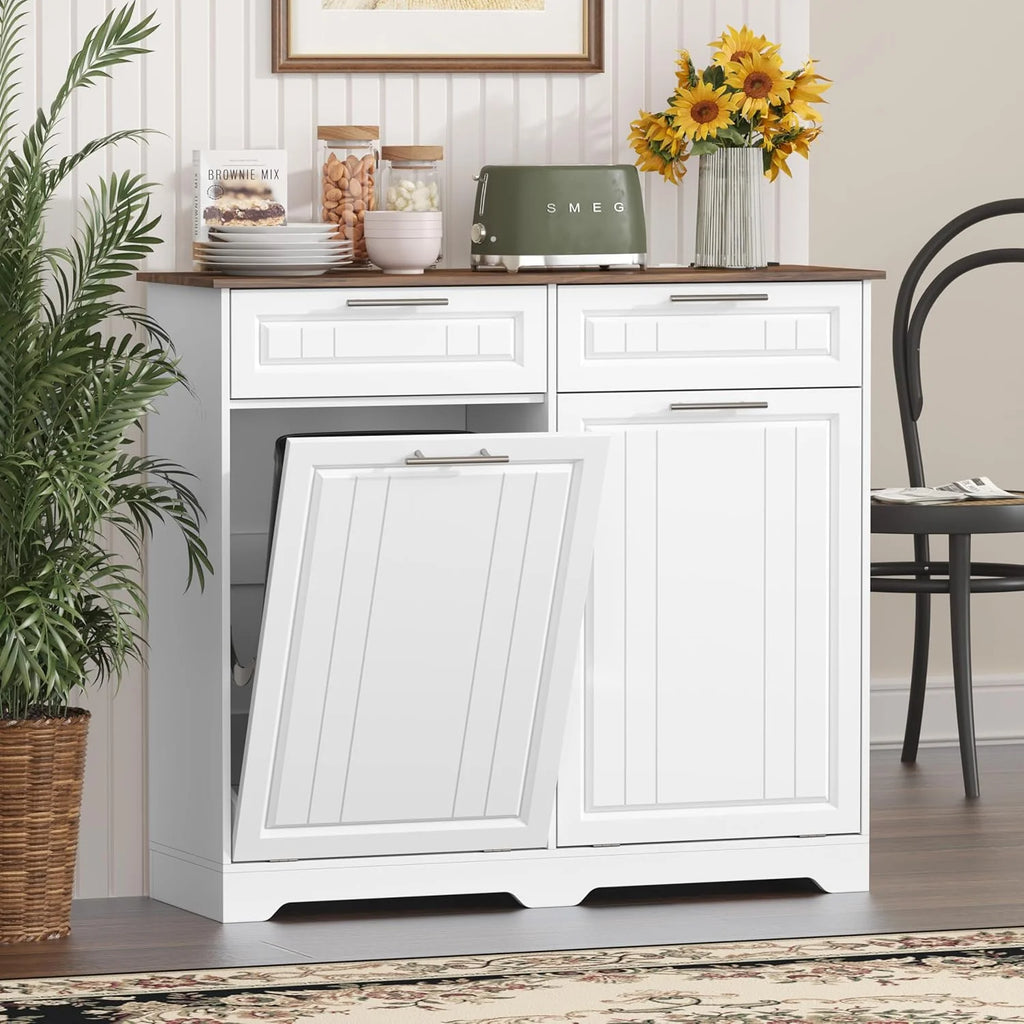 Single 10 Gallon Tilt Out Trash Can Cabinet with Deodorizing Function, Wooden Hidden Garbage Can Holder with Storage Drawers for Kitchen and Dining Room, Laundry Hamper Cabinet for Bathroom, Blue