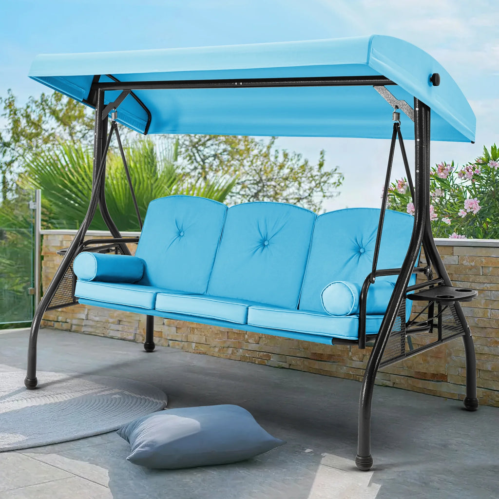 Homrest 3 Seat Outdoor Porch Swing with Adjustable Canopy, Cushions, and Cup Holder - Wine Red