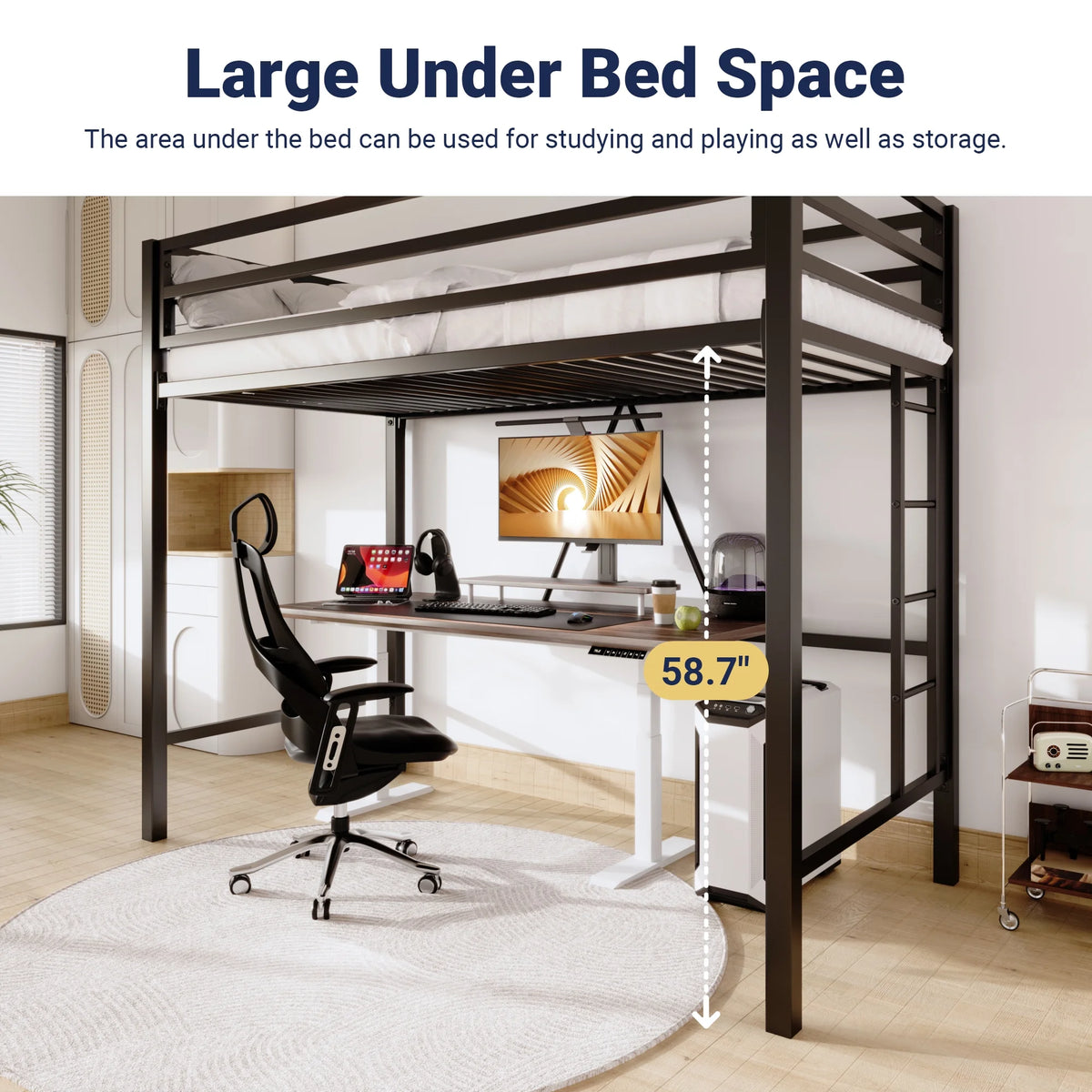 Sifurni Black Heavy Duty Twin Size Metal Loft Bed with Full-Length Guardrail & Removable Stairs