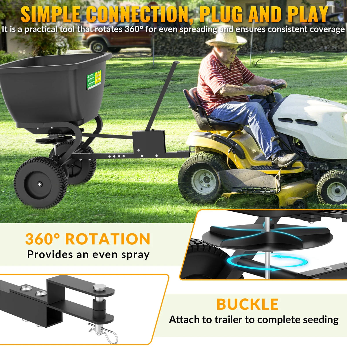 200LB Tow Behind Broadcast Spreader, Fertilizer Spreader Holds up to 550 lbs with 13" Pneumatic Tires and Adjustable Flow Control Lever,for Fertilizer, Grass Seed, Salt, Ice Melt, Lawn