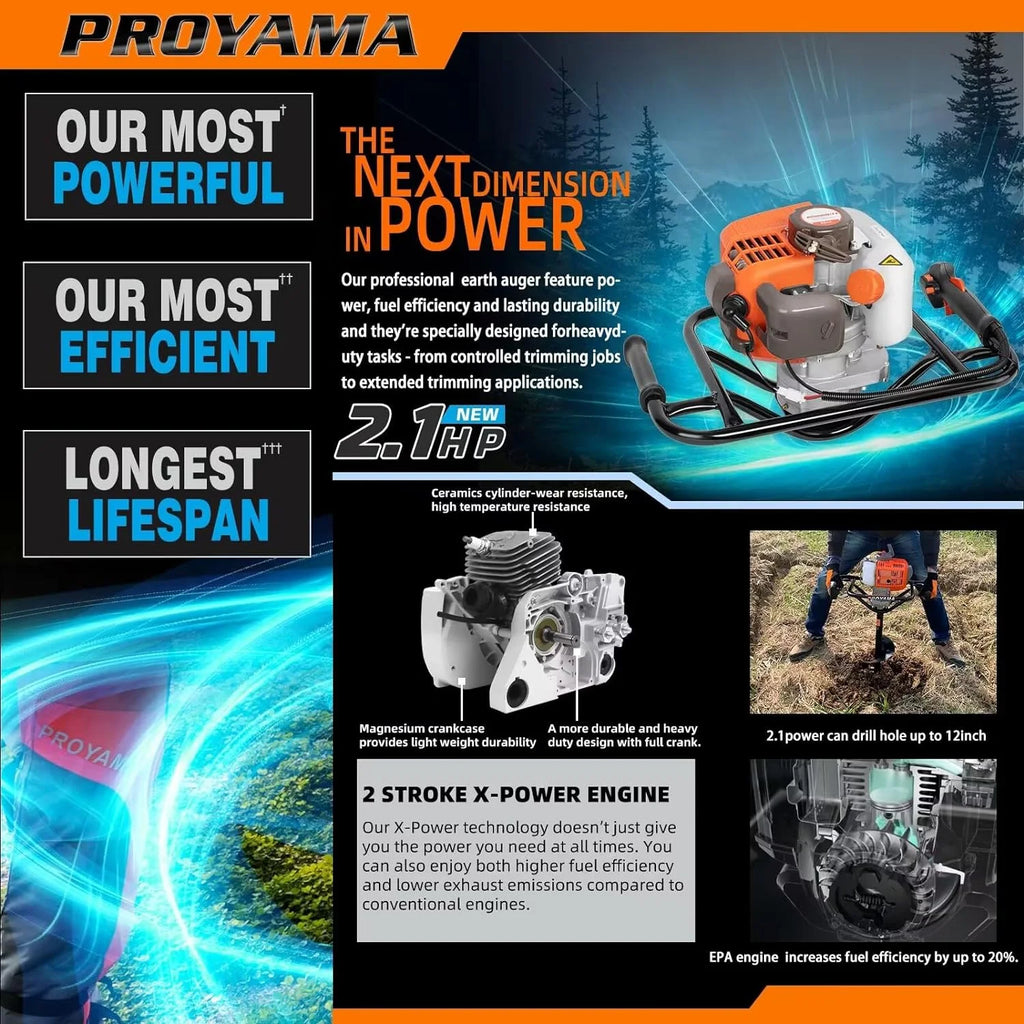 PROYAMA 54cc Post Hole Digger 2 Stroke Gas Powered  Earth Digger, 5-Year Warranty Gear Box, 4 Drill Bits 4" 6" 8" 12" + Extension Rod