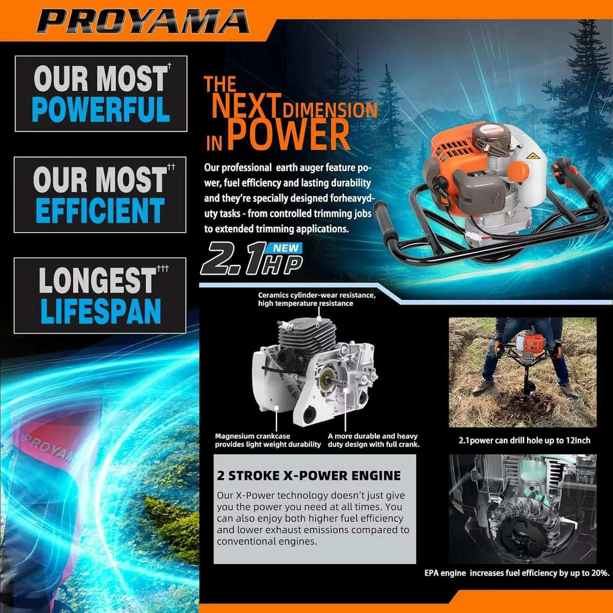PROYAMA 54cc Post Hole Digger 2 Stroke Gas Powered  Earth Digger, 5-Year Warranty Gear Box, 4 Drill Bits 4" 6" 8" 12" + Extension Rod