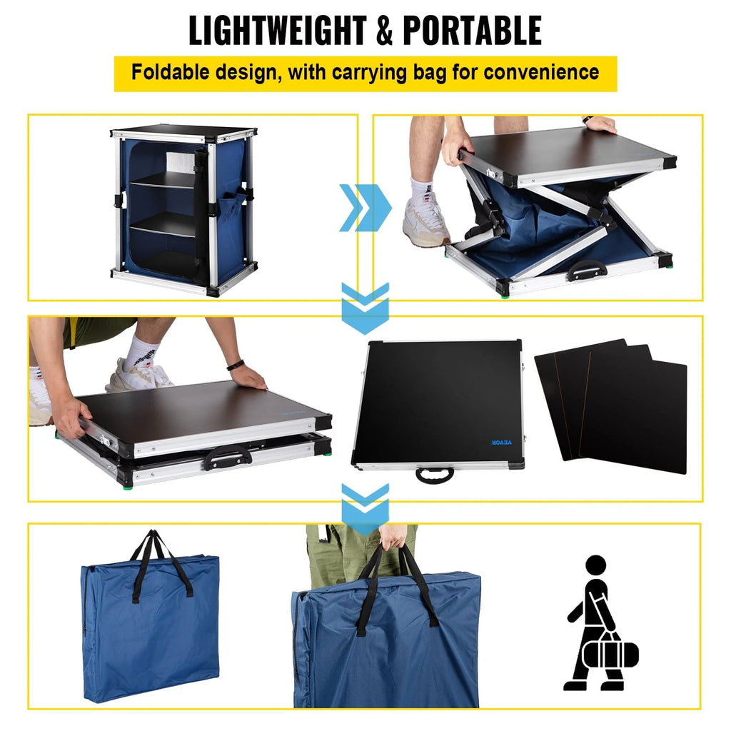 Camping Kitchen Station, Aluminum Portable Folding Cook Table with 3-Tier Storage Organizer, Side Pocket and Carrying Bag, for Outdoor BBQ Party Backyards and Tailgating, Blue