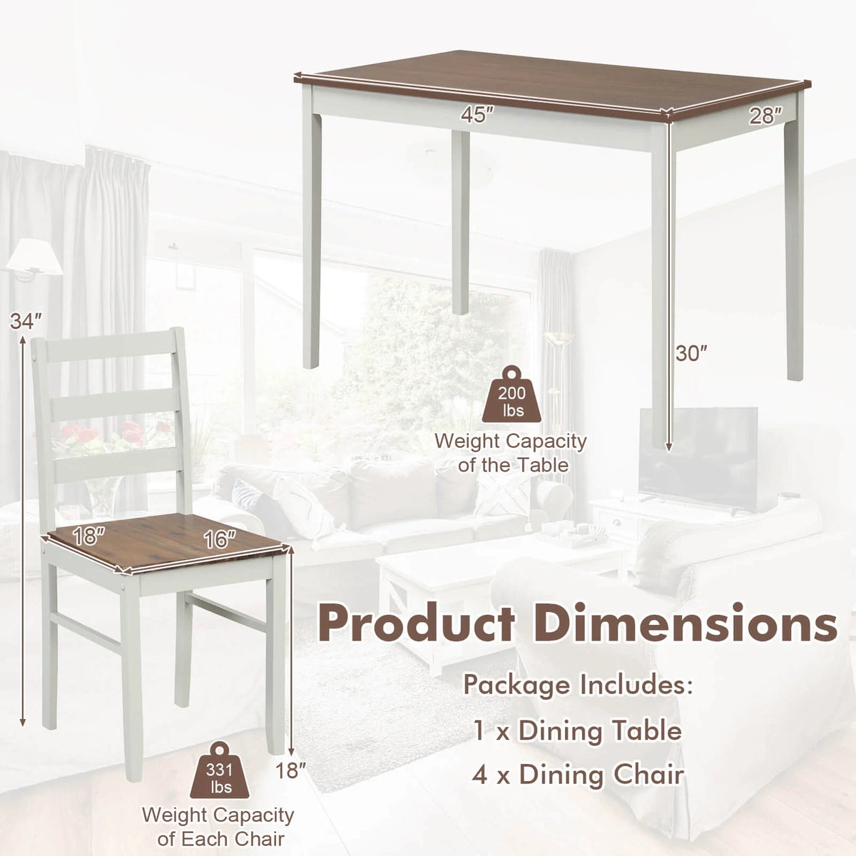 Costway 5-Piece Dining Set Solid Wood Kitchen Furniture with Rectangular Table & 4 Chairs