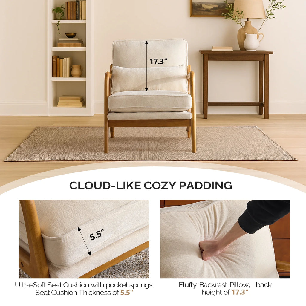Ktaxon Accent Chair Corduroy Upholstered Armchair, Reading Club Chair with Pillow and Solid Wood Frame for Living Room Bedroom Furniture Off White