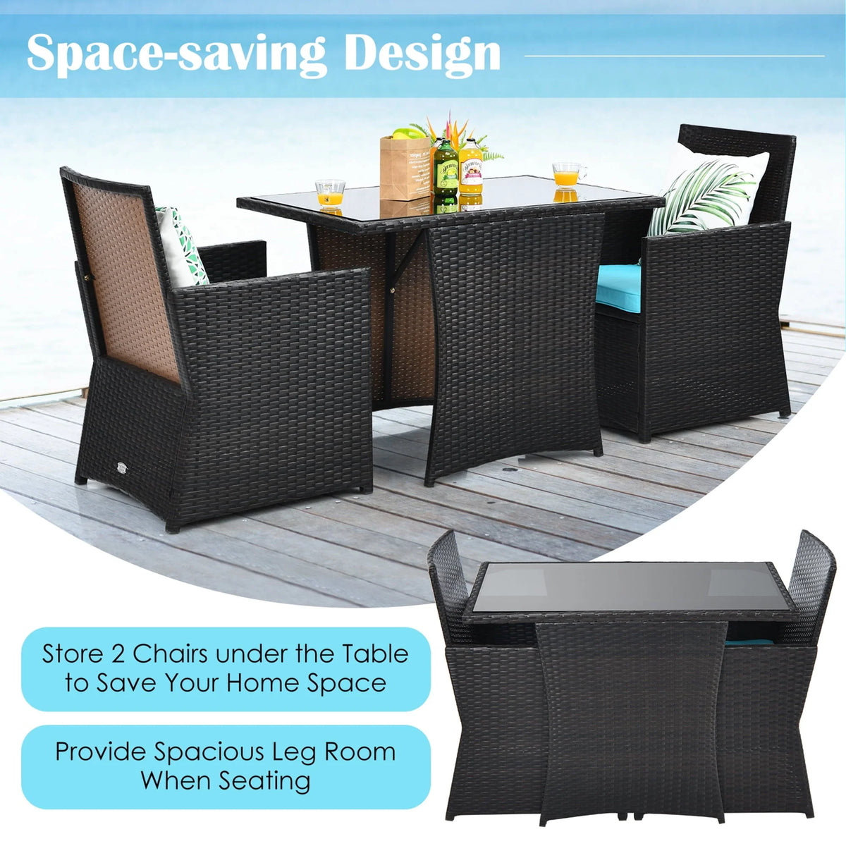 Gymax 3PCS Patio Wicker Bistro Set PE Rattan Dining Table Set w/ Turquoise Cushions