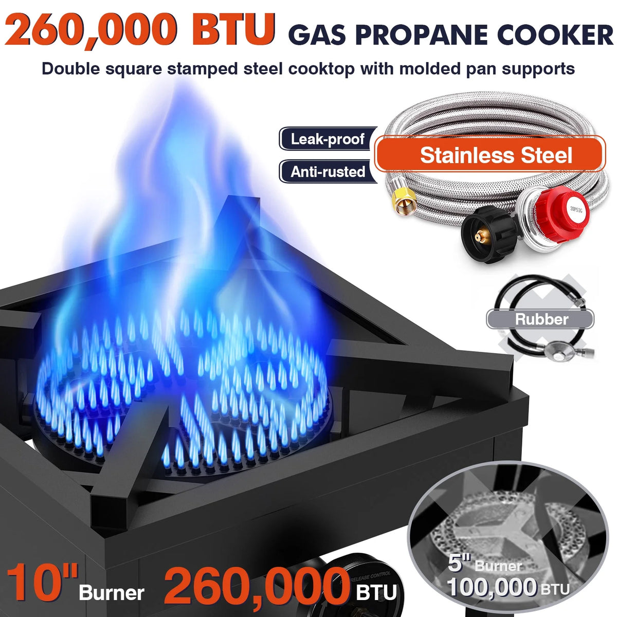 Frizi 1-Burner Propane Gas Outdoor Stove 260,000 BTU,  0-30 PSI Adjustable Regulator & Steel-Braided Hose