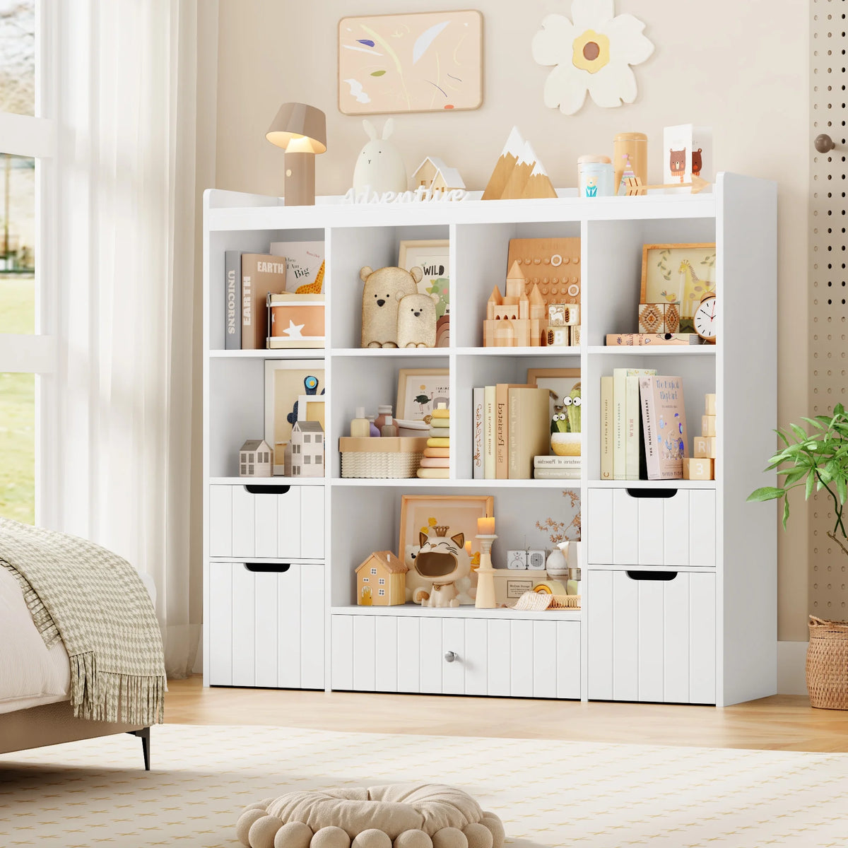 Homfa Kids Toy Storage Organizer with Cubby, Kids Toy Storage Chest with Removable Drawers, Kids Bookcase for Playroom Bedroom Living Room, Gray