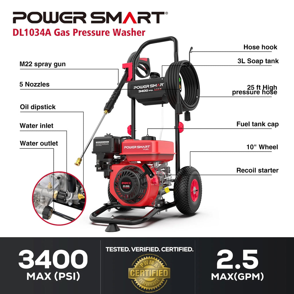 PowerSmart 3400PSI Gas Pressure Washer, 212cc Engine 2.5GPM 5 Quick-Adjustable Nozzles for Gardens