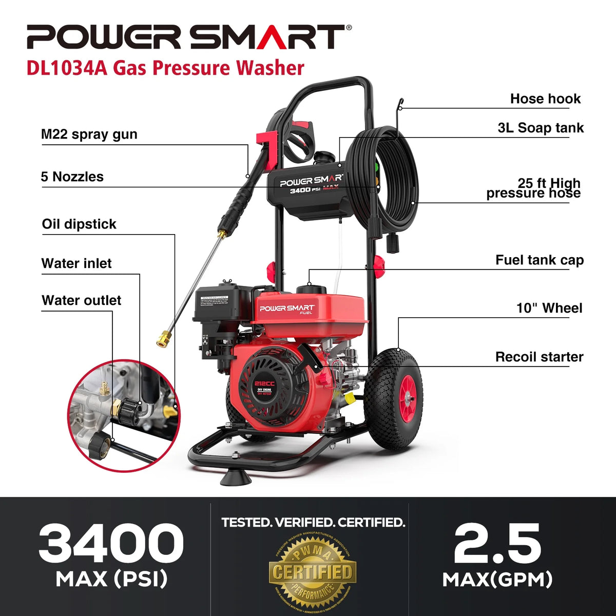 PowerSmart 3400PSI Gas Pressure Washer, 212cc Engine 2.5GPM 5 Quick-Adjustable Nozzles for Gardens