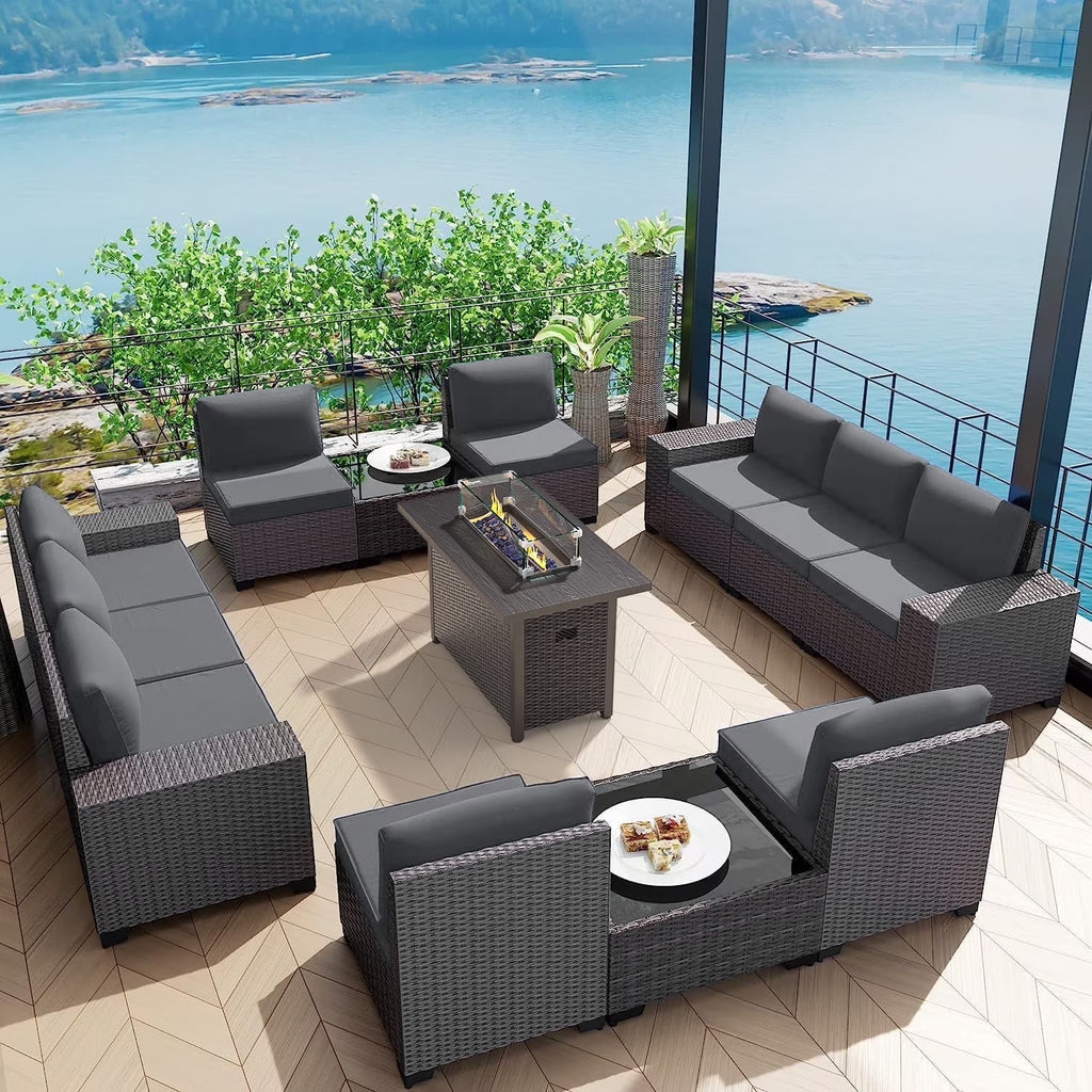 Phonjoroo 13 Pieces Outdoor Patio Furniture Set with 42 Fire Pit Table, Rattan Patio Sectional Sofa Conversation Set w/ 50000 BTU Propane Fire Pit and Coffee Table for Garden, Backyard