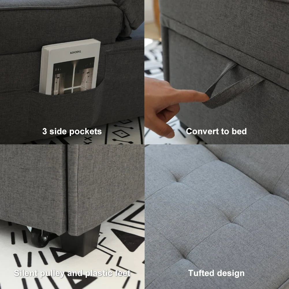 Cynefin Sleeper chair - ottoman bed, chair beds sleeper, 4 in 1 convertible chairs into beds with Lumbar Pillow 3 Side Pockets Linen Fabric Tufted for Living Room Grey
