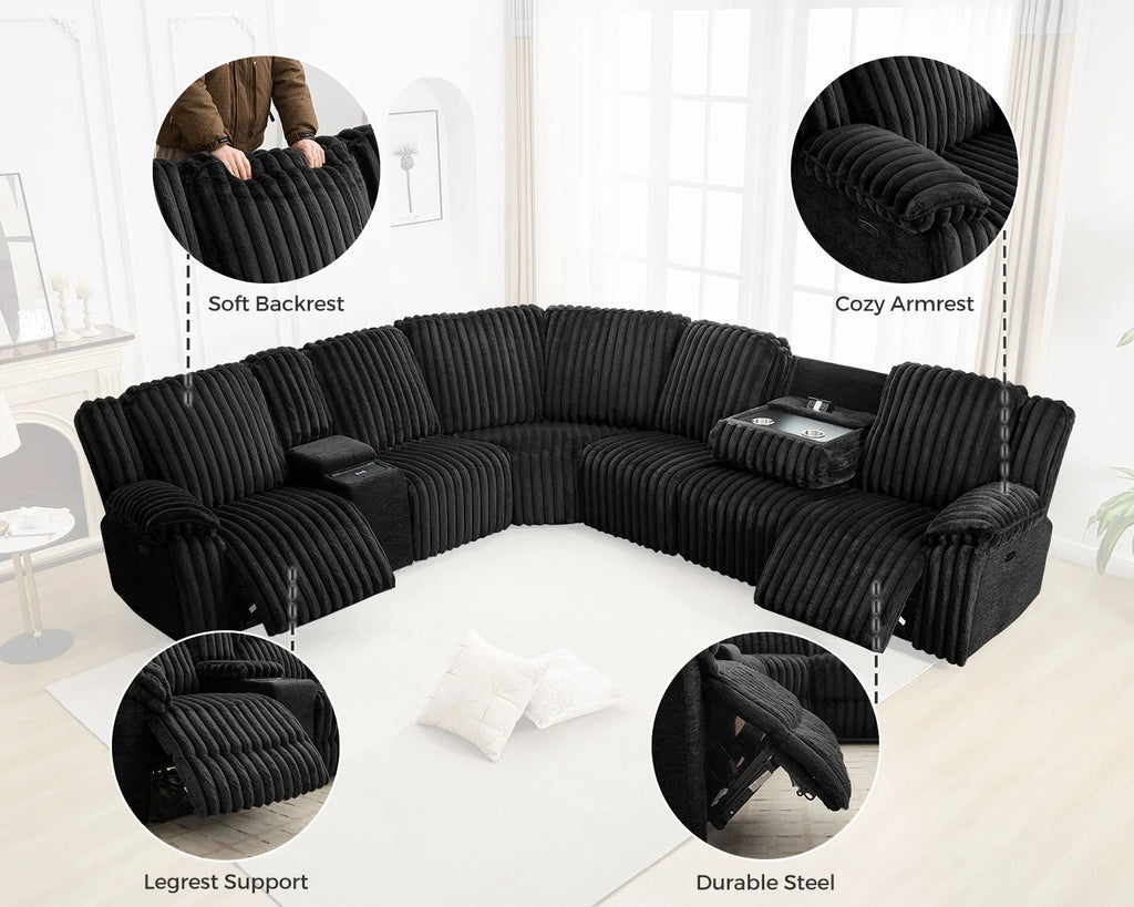 Power Reclining Sectional Sofa with Wireless Charger,6-Seater Faux Fur Sectional with Recliners,Hidden Cup Holders,Storage Console,USB & Type-C Ports,Black