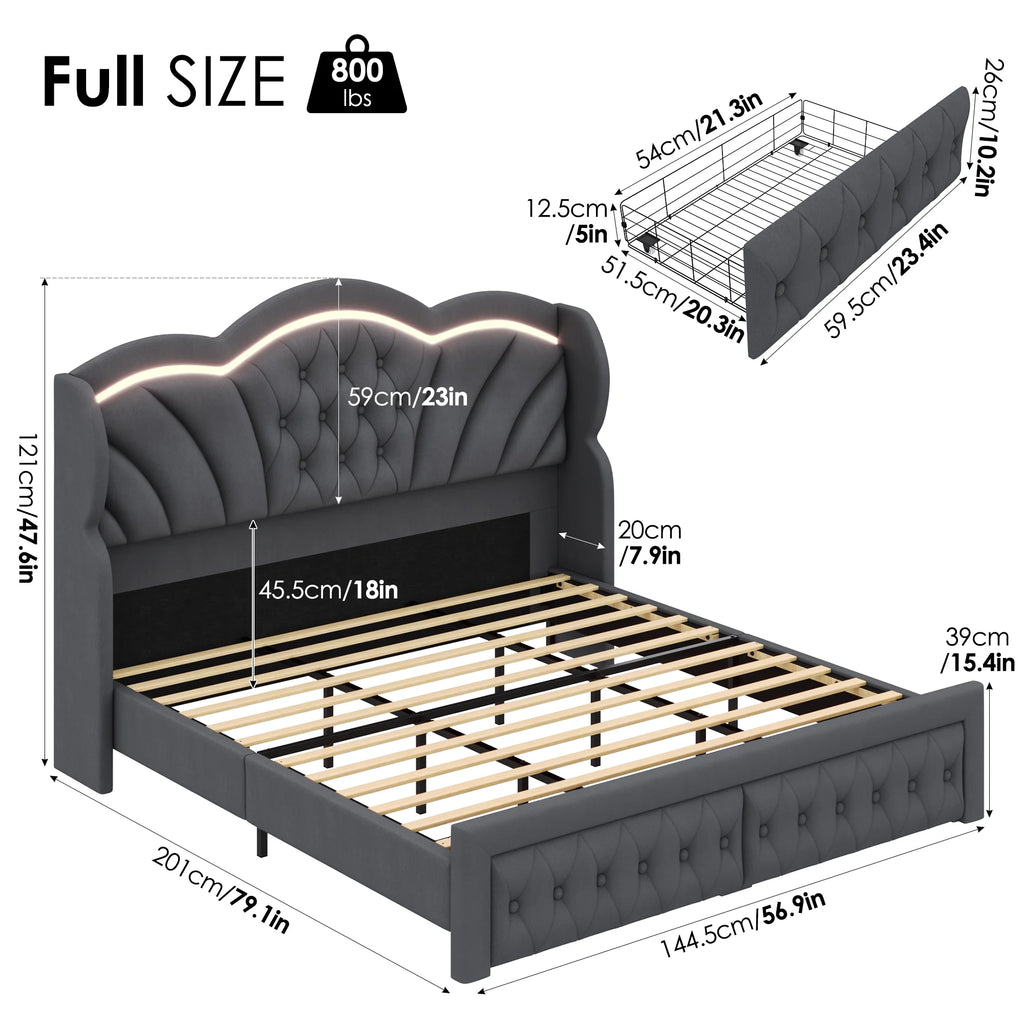 Hiphuta Modern Queen Bed Frame with 2 Drawers, LED Lights Platform Bed Frame, Sturdy Beds Frame with Upholstered Button Tufted Headboard, Velvet White