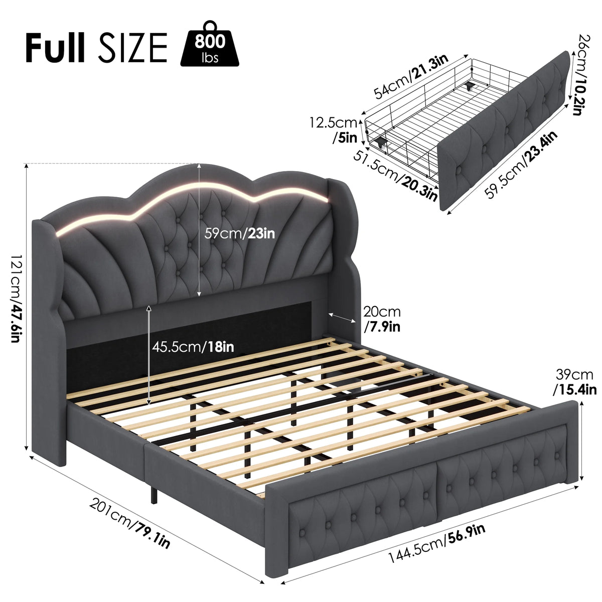 Hiphuta Modern Queen Bed Frame with 2 Drawers, LED Lights Platform Bed Frame, Sturdy Beds Frame with Upholstered Button Tufted Headboard, Velvet White