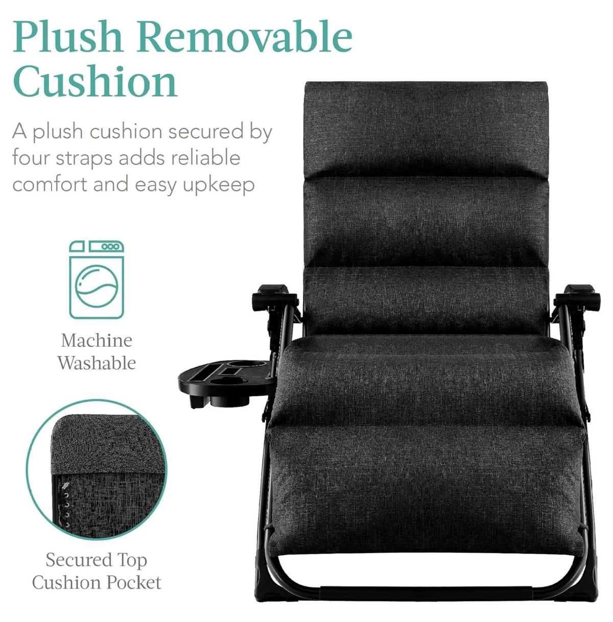 Oversized Chair, Folding Outdoor Patio Recliner, XL Anti Gravity Lounger w/Removable Cushion, Cup Holder, Side Tray, 350lb Capacity - Taupe