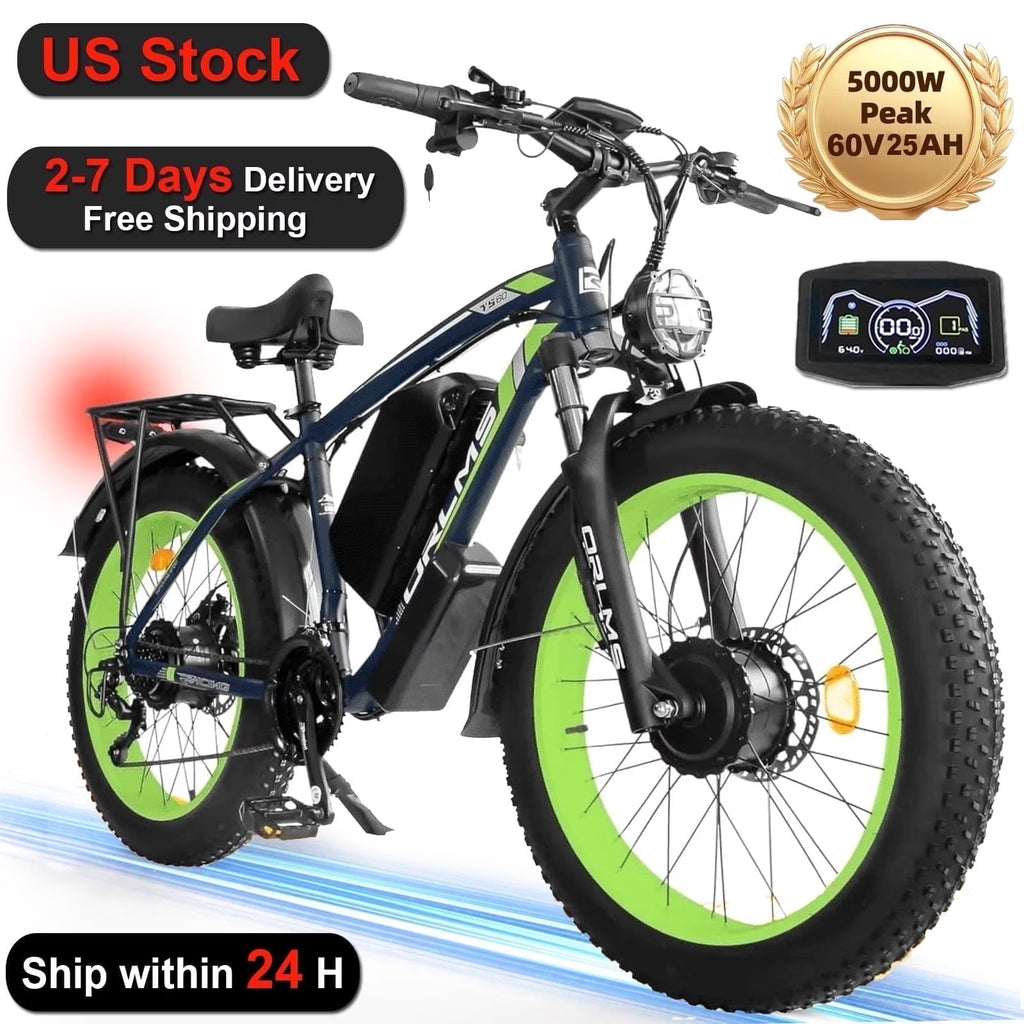 (US in Stock) 5000W Peak Dual Motor Electric Bike for Adults , 60V 25AH Removable Battery Ebike , 50MPH AWD 21-Speed Mountain Snow E-Bike with 26" x 4.0 Fat Tire, Long Range Mountain Off-Road EBikes