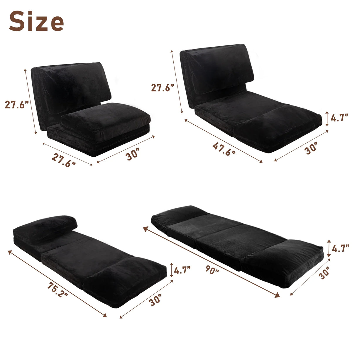 Folding Sofa Bed,Extra Thick and Long Fluffy 4 Position Convertible Flip Lounge Chair,Foam Filling Folding Matress Sofa Bean Bag with Washable Cover,Grey,39x95 Inch