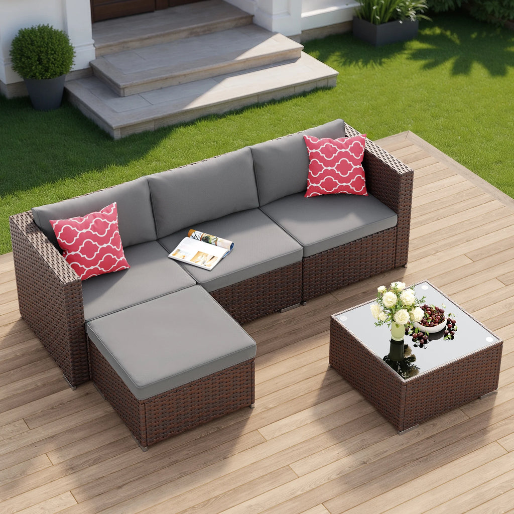 7 Piece Outdoor Patio Furniture Set, Asofer Rattan Wicker Outdoor Conversation Sectional Sofa Set, Gray