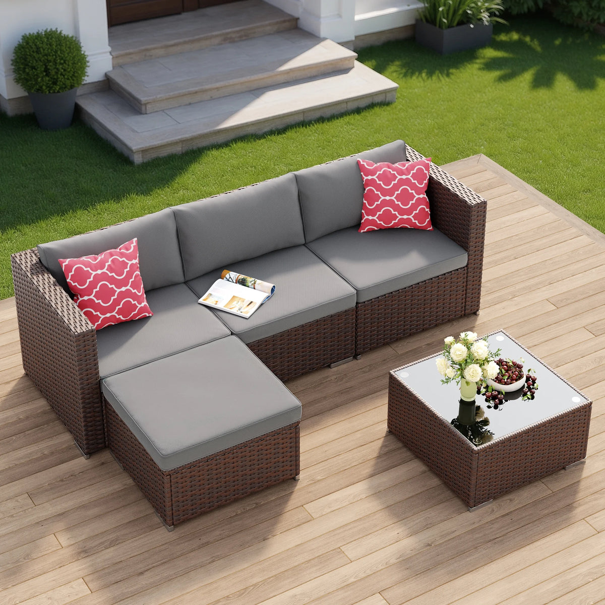 7 Piece Outdoor Patio Furniture Set, Asofer Rattan Wicker Outdoor Conversation Sectional Sofa Set, Gray