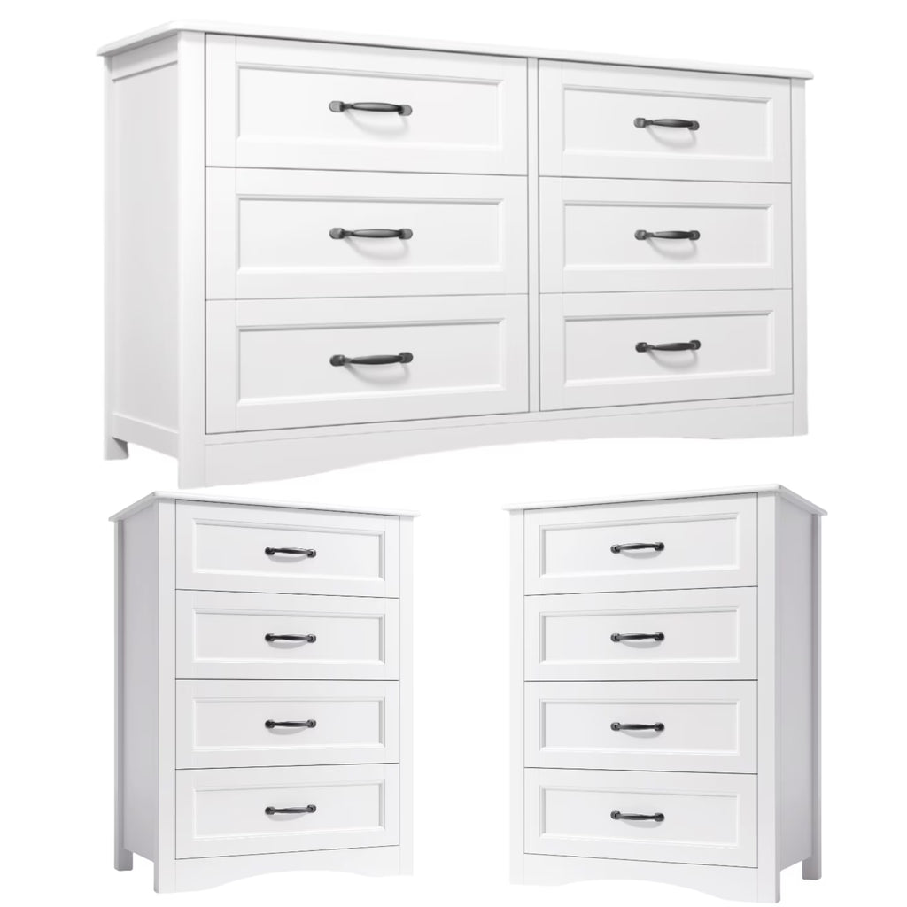 Lofka 3 Piece Nightstands and Dressers Sets , 6 Drawer Dresser & 4 Drawers Nightstand set of 2,Modern Engineered Wood ,White