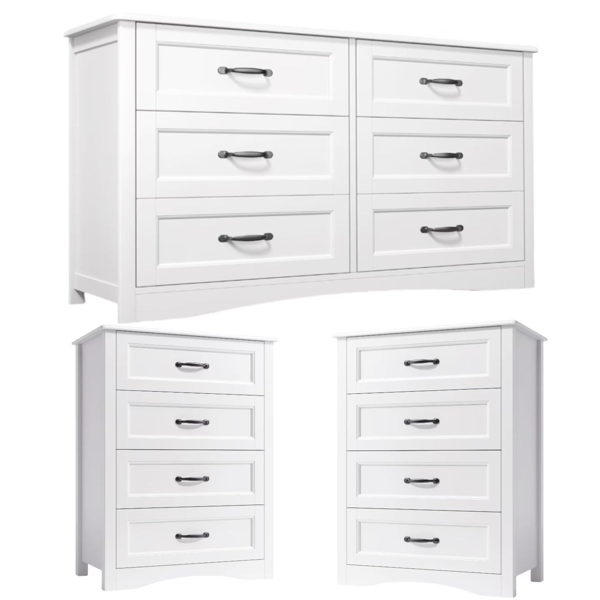 Lofka 3 Piece Nightstands and Dressers Sets , 6 Drawer Dresser & 4 Drawers Nightstand set of 2,Modern Engineered Wood ,White