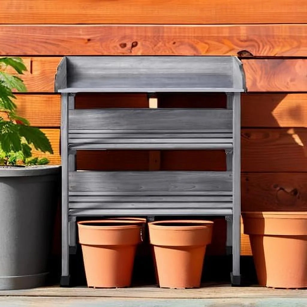 Garden Potting Table Horticulture Potting Bench w/Storage Shelf W/Metal Tabletop w/Hook 3 Shelves Workstation Work Benches Station, Gray