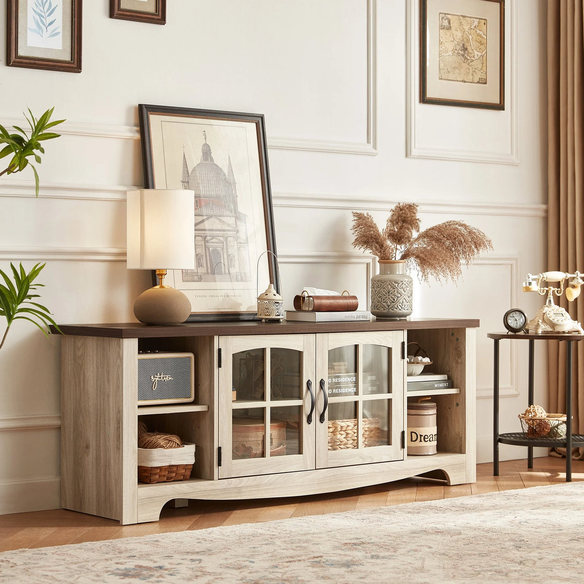 LINSY HOME Modern Farmhouse TV Stand for TVs up to 65",Home Entertainment Center with Storage Cabinet and Adjustable Shelves,Washed Grey & Brown