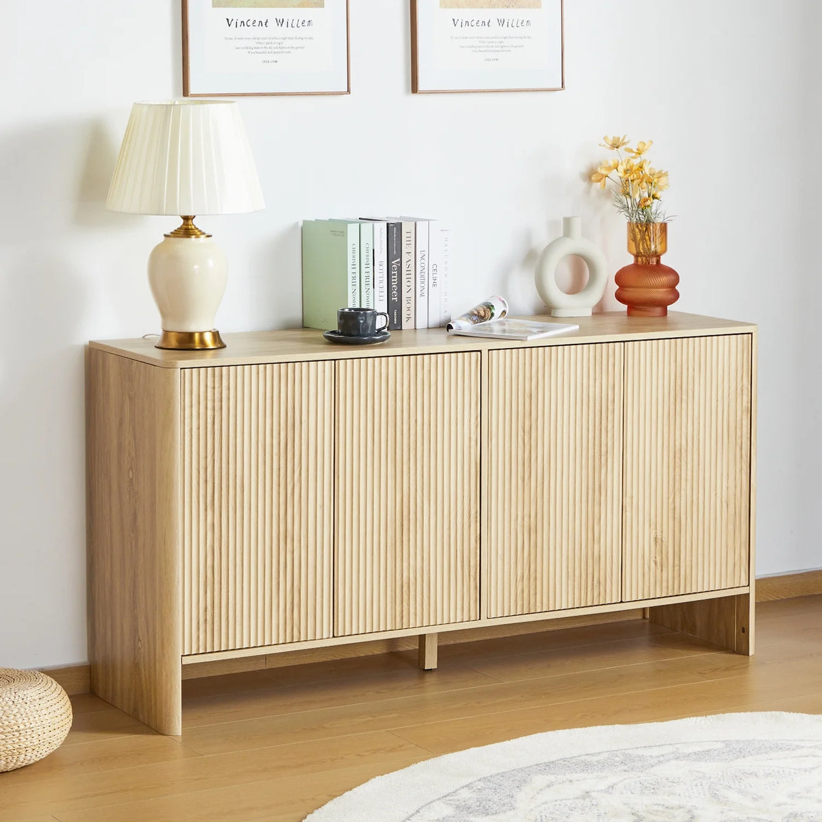 Wirrytor Sideboard Storage Cabinet with Doors and Shelves, Buffet Cabinet with Storage, Credenza Storage Cabinet for Kitchen, Wooden Fluted Cabinet, Under TV Cabinet with Storage - Black