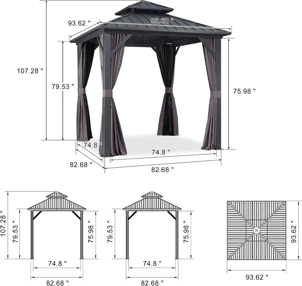 PURPLE LEAF 8' X 8' Gazebo Outdoor Gazebo Permanent Hardtop Gazebo with Galvanized Steel Double Roof for Patio Backyard Deck Aluminum Gazebo with Netting and Curtains Grey